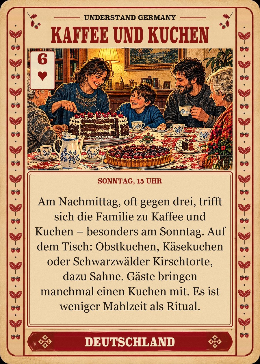 KAFFEE UND KUCHEN — Sonntag, 15 Uhr. Am Nachmittag, oft gegen drei, trifft sich die Familie zu Kaffee und Kuchen – besonders am Sonntag. Auf dem Tisch: Obstkuchen, Käsekuchen oder Schwarzwälder Kirschtorte, dazu Sahne. Gäste bringen manchmal einen Kuchen mit. Es ist weniger Mahlzeit als Ritual.