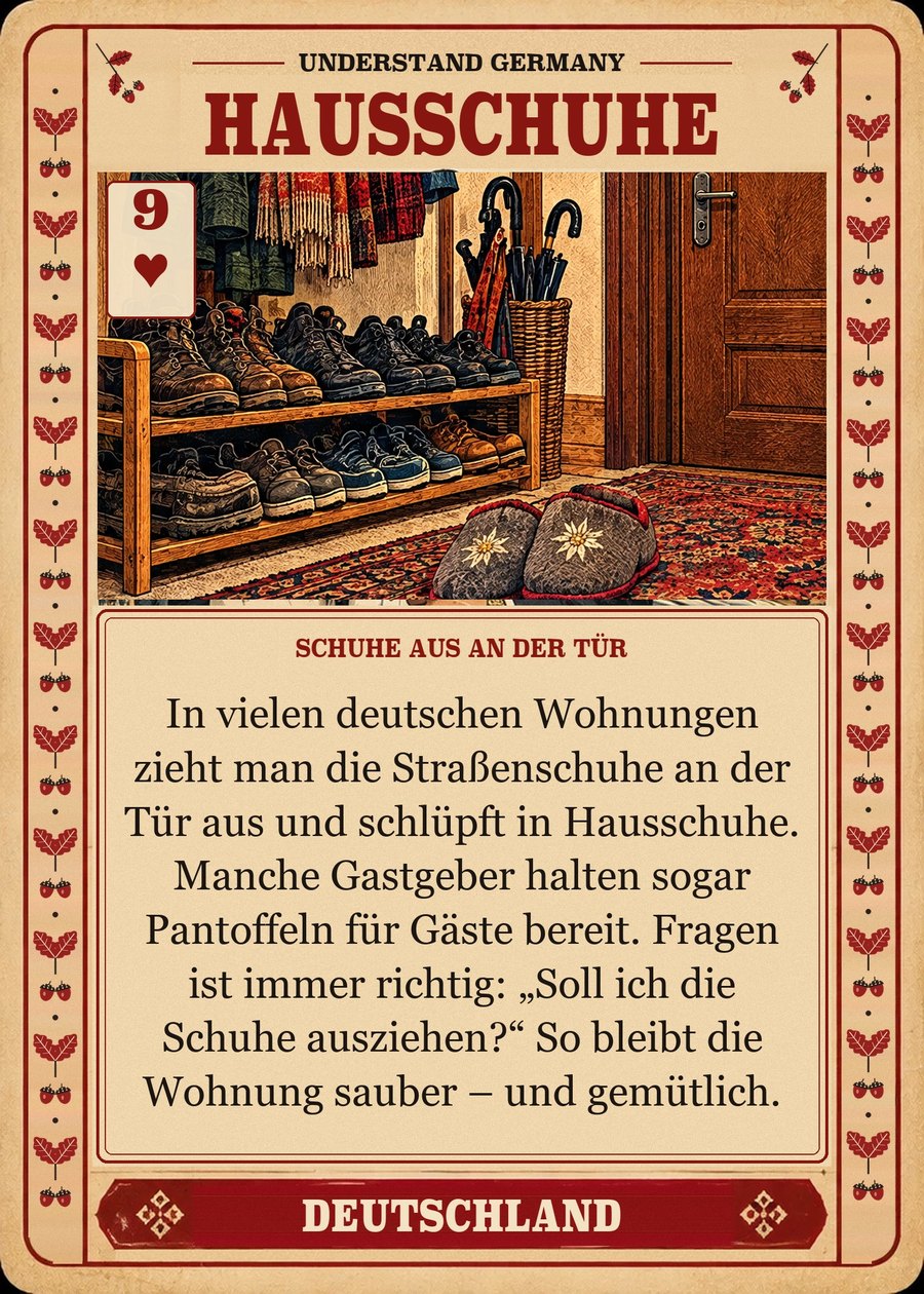 HAUSSCHUHE — Schuhe aus an der Tür. In vielen deutschen Wohnungen zieht man die Straßenschuhe an der Tür aus und schlüpft in Hausschuhe. Manche Gastgeber halten sogar Pantoffeln für Gäste bereit. Fragen ist immer richtig: „Soll ich die Schuhe ausziehen?“ So bleibt die Wohnung sauber – und gemütlich.