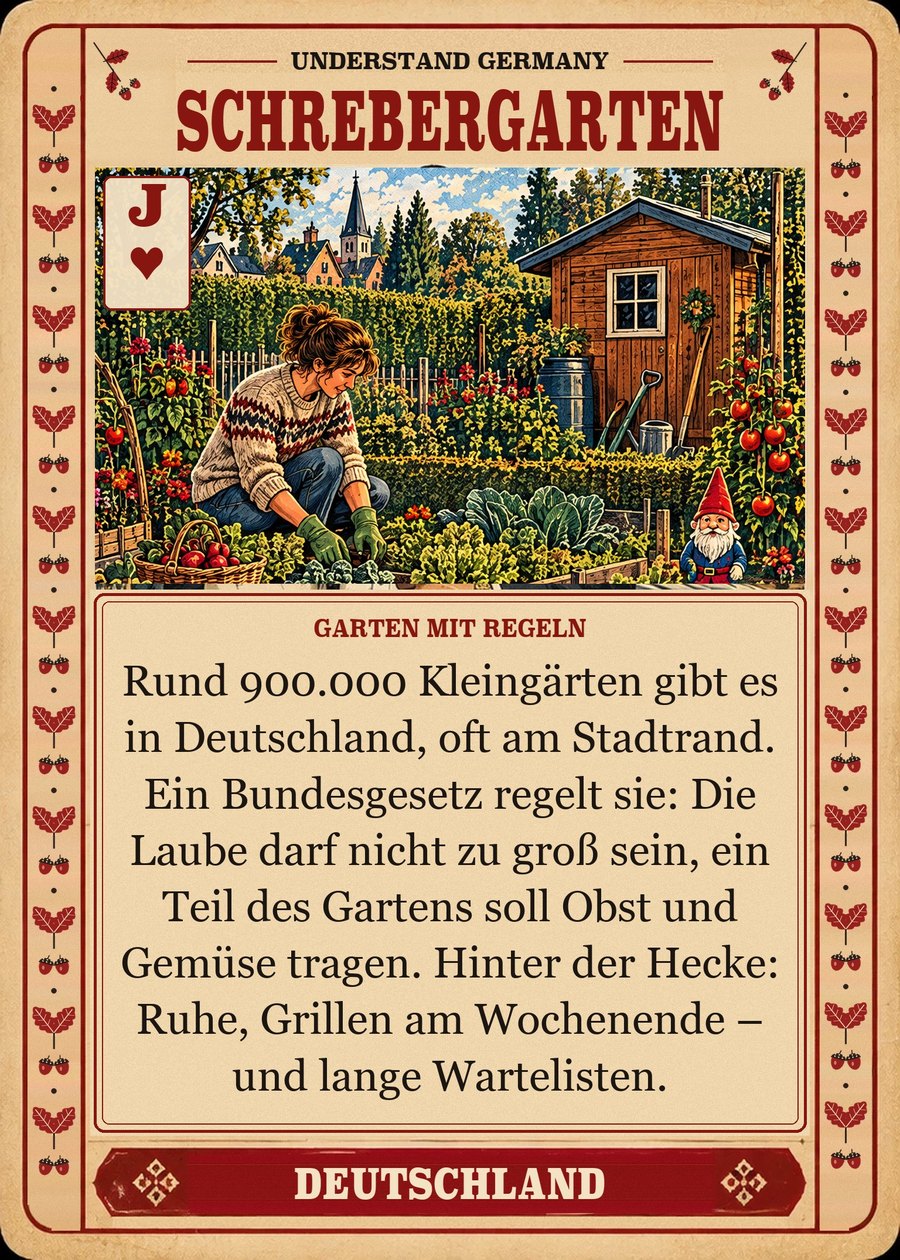 SCHREBERGARTEN — Garten mit Regeln. Rund 900.000 Kleingärten gibt es in Deutschland, oft am Stadtrand. Ein Bundesgesetz regelt sie: Die Laube darf nicht zu groß sein, ein Teil des Gartens soll Obst und Gemüse tragen. Hinter der Hecke: Ruhe, Grillen am Wochenende – und lange Wartelisten.