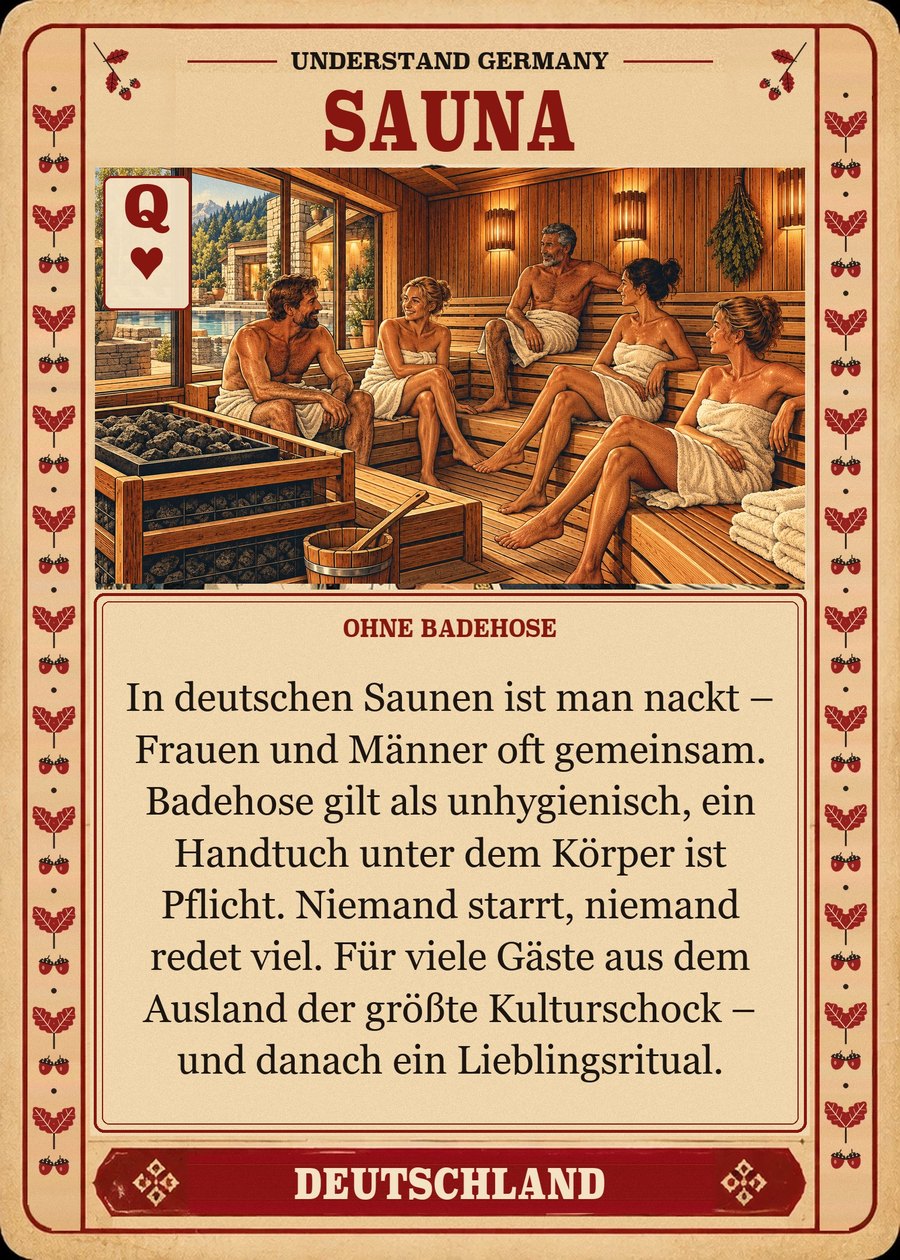 SAUNA — ohne Badehose. In deutschen Saunen ist man nackt – Frauen und Männer oft gemeinsam. Badehose gilt als unhygienisch, ein Handtuch unter dem Körper ist Pflicht. Niemand starrt, niemand redet viel. Für viele Gäste aus dem Ausland der größte Kulturschock – und danach ein Lieblingsritual.