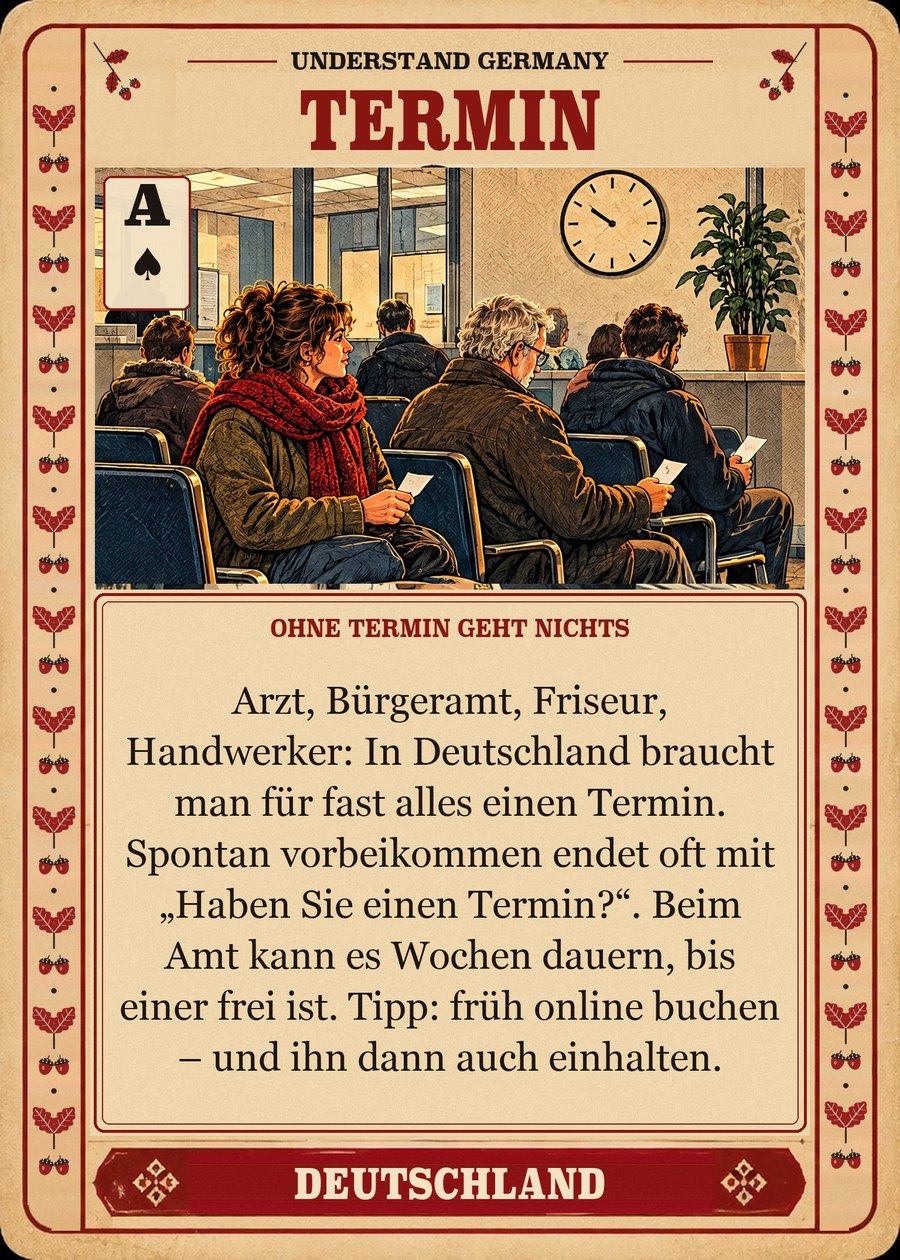 TERMIN — ohne Termin geht nichts. Arzt, Bürgeramt, Friseur, Handwerker: In Deutschland braucht man für fast alles einen Termin. Spontan vorbeikommen endet oft mit „Haben Sie einen Termin?“. Beim Amt kann es Wochen dauern, bis einer frei ist. Tipp: früh online buchen – und ihn dann auch einhalten.