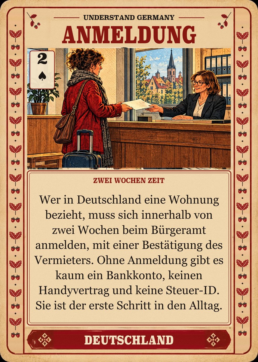 ANMELDUNG — zwei Wochen Zeit. Wer in Deutschland eine Wohnung bezieht, muss sich innerhalb von zwei Wochen beim Bürgeramt anmelden, mit einer Bestätigung des Vermieters. Ohne Anmeldung gibt es kaum ein Bankkonto, keinen Handyvertrag und keine Steuer-ID. Sie ist der erste Schritt in den Alltag.