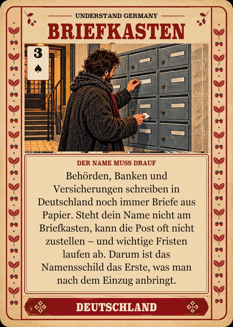 BRIEFKASTEN — der Name muss drauf. Behörden, Banken und Versicherungen schreiben in Deutschland noch immer Briefe aus Papier. Steht dein Name nicht am Briefkasten, kann die Post oft nicht zustellen – und wichtige Fristen laufen ab. Darum ist das Namensschild das Erste, was man nach dem Einzug anbringt.