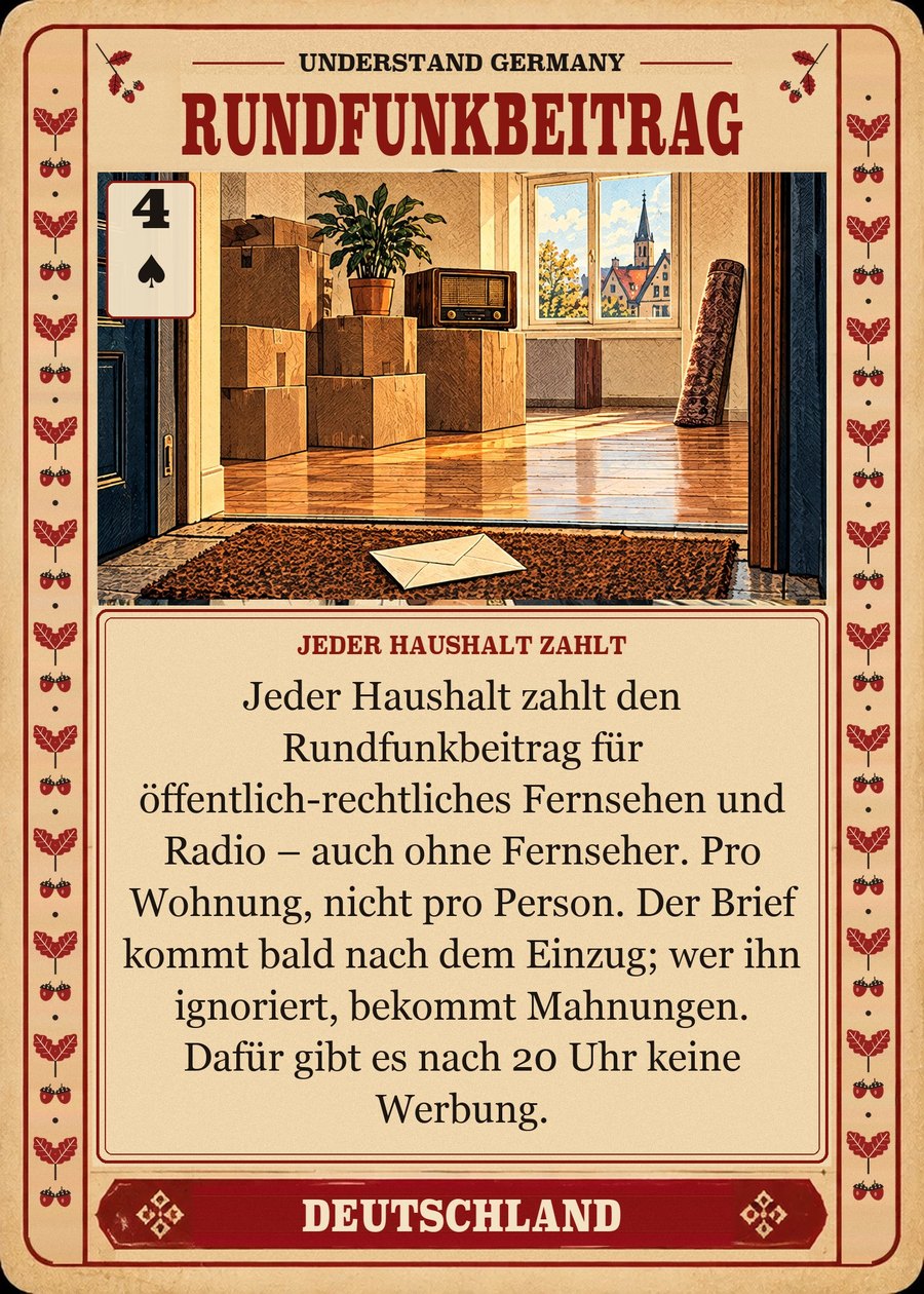 RUNDFUNKBEITRAG — jeder Haushalt zahlt. Jeder Haushalt zahlt den Rundfunkbeitrag für öffentlich-rechtliches Fernsehen und Radio – auch ohne Fernseher. Pro Wohnung, nicht pro Person. Der Brief kommt bald nach dem Einzug; wer ihn ignoriert, bekommt Mahnungen. Dafür gibt es nach 20 Uhr keine Werbung.