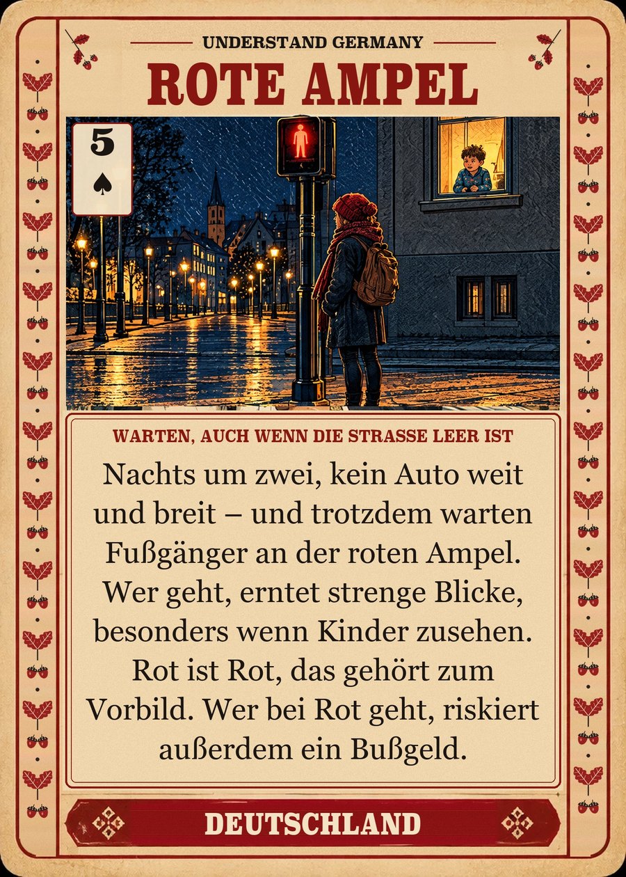 ROTE AMPEL — warten, auch wenn die Straße leer ist. Nachts um zwei, kein Auto weit und breit – und trotzdem warten Fußgänger an der roten Ampel. Wer geht, erntet strenge Blicke, besonders wenn Kinder zusehen. Rot ist Rot, das gehört zum Vorbild. Wer bei Rot geht, riskiert außerdem ein Bußgeld.