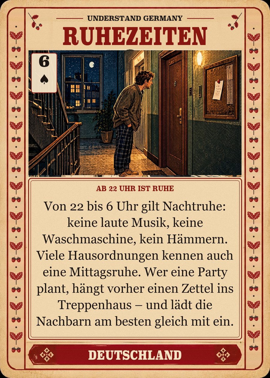 RUHEZEITEN — ab 22 Uhr ist Ruhe. Von 22 bis 6 Uhr gilt Nachtruhe: keine laute Musik, keine Waschmaschine, kein Hämmern. Viele Hausordnungen kennen auch eine Mittagsruhe. Wer eine Party plant, hängt vorher einen Zettel ins Treppenhaus – und lädt die Nachbarn am besten gleich mit ein.