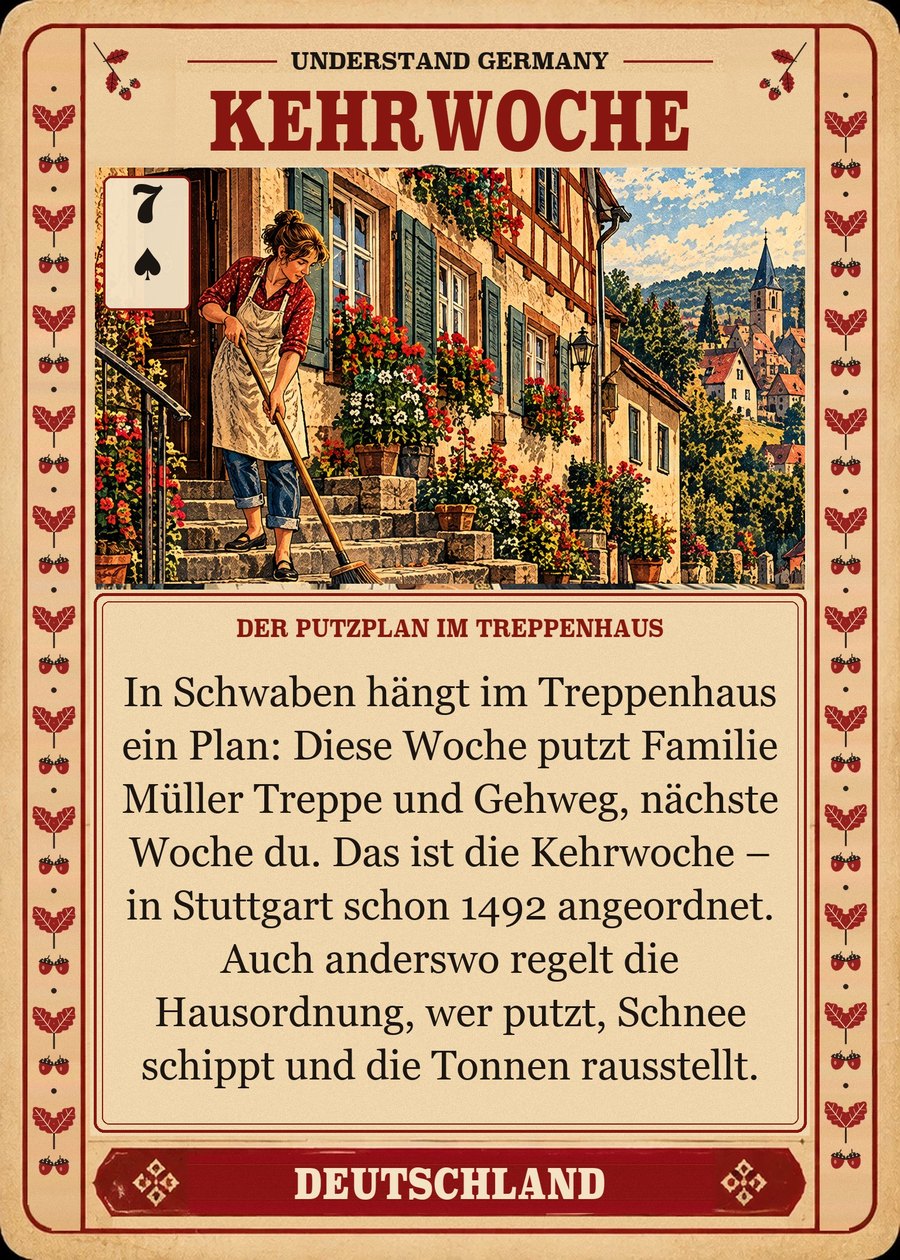 KEHRWOCHE — der Putzplan im Treppenhaus. In Schwaben hängt im Treppenhaus ein Plan: Diese Woche putzt Familie Müller Treppe und Gehweg, nächste Woche du. Das ist die Kehrwoche – in Stuttgart schon 1492 angeordnet. Auch anderswo regelt die Hausordnung, wer putzt, Schnee schippt und die Tonnen rausstellt.