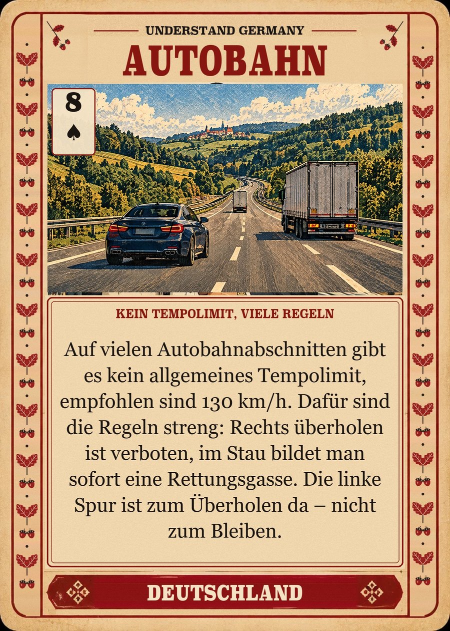 AUTOBAHN — kein Tempolimit, viele Regeln. Auf vielen Autobahnabschnitten gibt es kein allgemeines Tempolimit, empfohlen sind 130 km/h. Dafür sind die Regeln streng: Rechts überholen ist verboten, im Stau bildet man sofort eine Rettungsgasse. Die linke Spur ist zum Überholen da – nicht zum Bleiben.