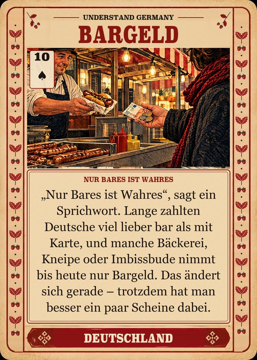 BARGELD — nur Bares ist Wahres. „Nur Bares ist Wahres“, sagt ein Sprichwort. Lange zahlten Deutsche viel lieber bar als mit Karte, und manche Bäckerei, Kneipe oder Imbissbude nimmt bis heute nur Bargeld. Das ändert sich gerade – trotzdem hat man besser ein paar Scheine dabei.
