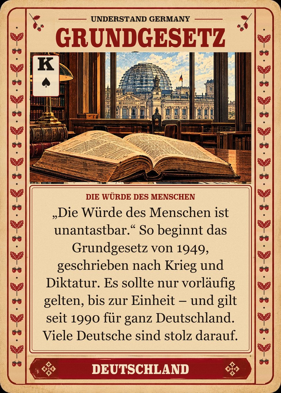 GRUNDGESETZ — die Würde des Menschen. „Die Würde des Menschen ist unantastbar.“ So beginnt das Grundgesetz von 1949, geschrieben nach Krieg und Diktatur. Es sollte nur vorläufig gelten, bis zur Einheit – und gilt seit 1990 für ganz Deutschland. Viele Deutsche sind stolz darauf.