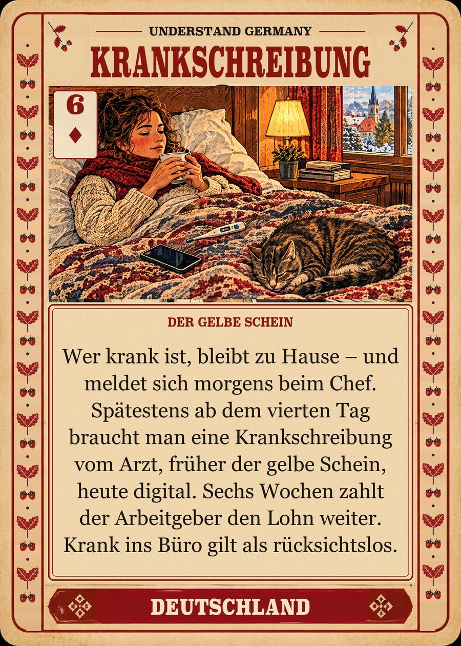 KRANKSCHREIBUNG — der gelbe Schein. Wer krank ist, bleibt zu Hause – und meldet sich morgens beim Chef. Spätestens ab dem vierten Tag braucht man eine Krankschreibung vom Arzt, früher der gelbe Schein, heute digital. Sechs Wochen zahlt der Arbeitgeber den Lohn weiter. Krank ins Büro gilt als rücksichtslos.