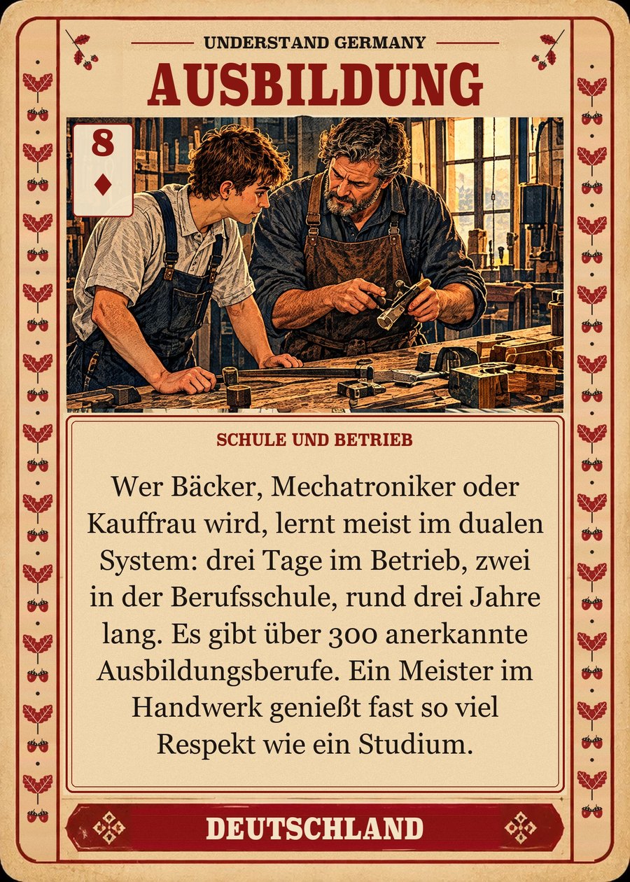 AUSBILDUNG — Schule und Betrieb. Wer Bäcker, Mechatroniker oder Kauffrau wird, lernt meist im dualen System: drei Tage im Betrieb, zwei in der Berufsschule, rund drei Jahre lang. Es gibt über 300 anerkannte Ausbildungsberufe. Ein Meister im Handwerk genießt fast so viel Respekt wie ein Studium.