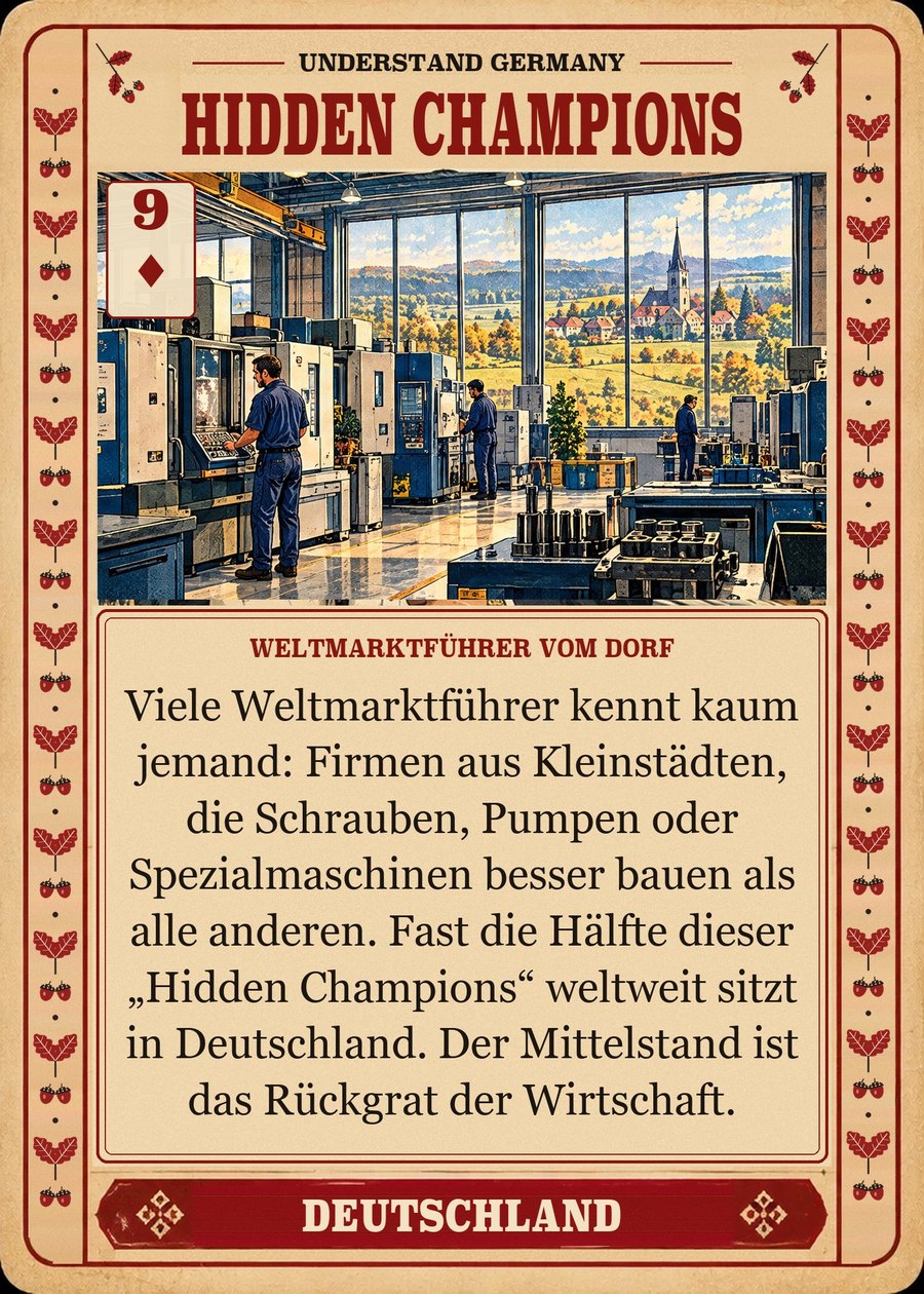 HIDDEN CHAMPIONS — Weltmarktführer vom Dorf. Viele Weltmarktführer kennt kaum jemand: Firmen aus Kleinstädten, die Schrauben, Pumpen oder Spezialmaschinen besser bauen als alle anderen. Fast die Hälfte dieser „Hidden Champions“ weltweit sitzt in Deutschland. Der Mittelstand ist das Rückgrat der Wirtschaft.