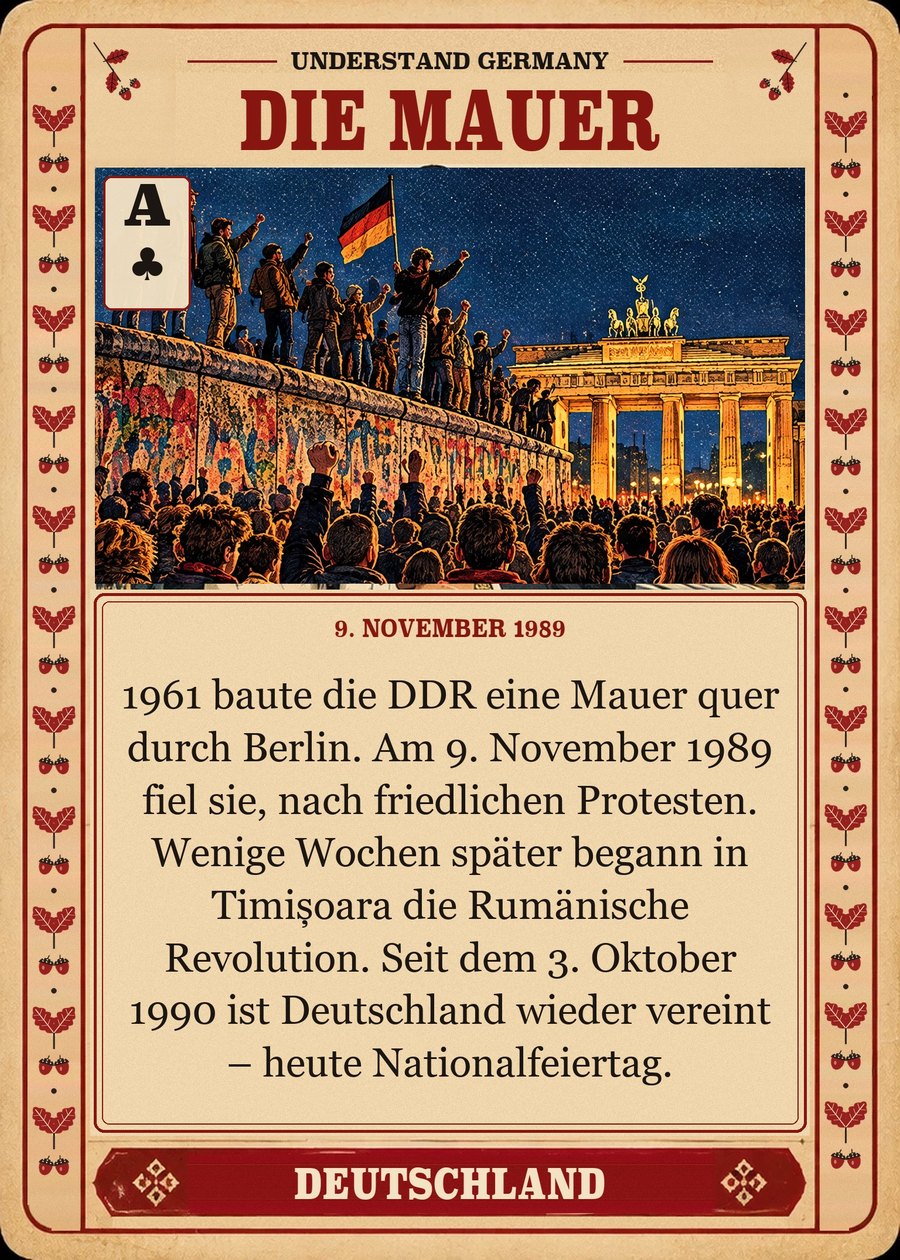 DIE MAUER — 9. November 1989. 1961 baute die DDR eine Mauer quer durch Berlin. Am 9. November 1989 fiel sie, nach friedlichen Protesten. Wenige Wochen später begann in Timișoara die Rumänische Revolution. Seit dem 3. Oktober 1990 ist Deutschland wieder vereint – heute Nationalfeiertag.