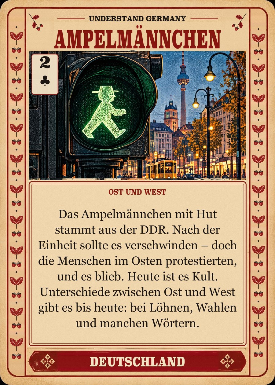 AMPELMÄNNCHEN — Ost und West. Das Ampelmännchen mit Hut stammt aus der DDR. Nach der Einheit sollte es verschwinden – doch die Menschen im Osten protestierten, und es blieb. Heute ist es Kult. Unterschiede zwischen Ost und West gibt es bis heute: bei Löhnen, Wahlen und manchen Wörtern.