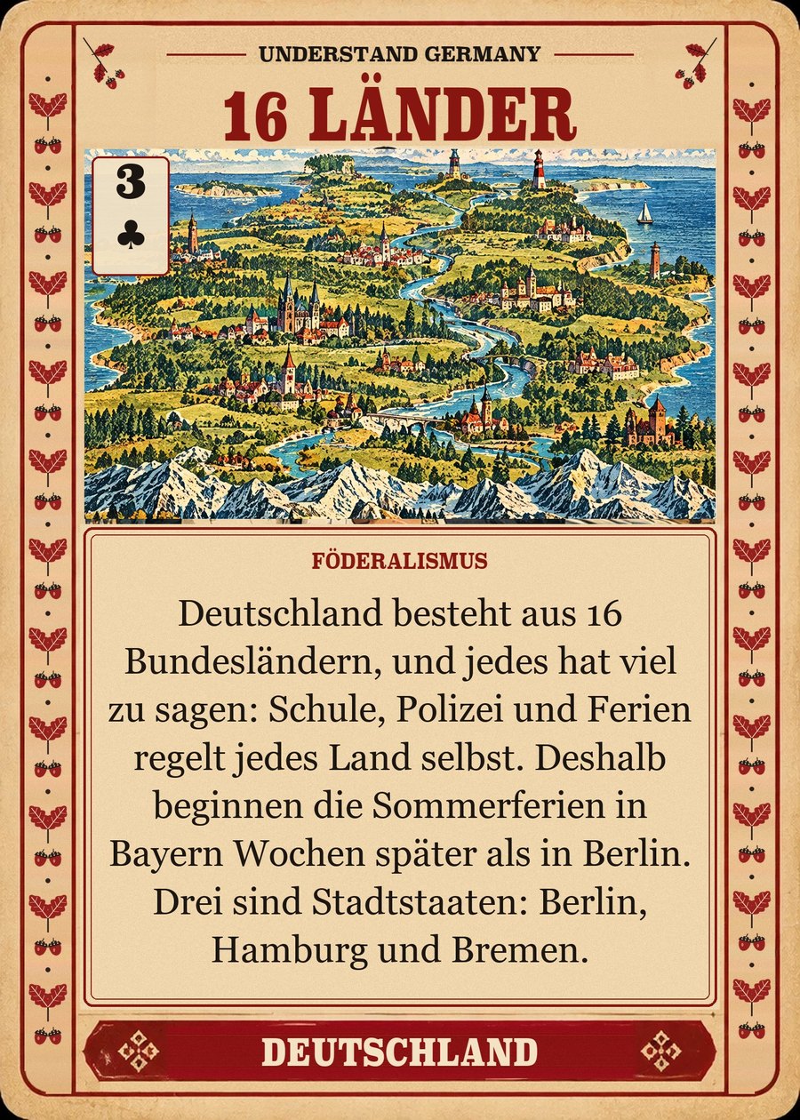 16 LÄNDER — Föderalismus. Deutschland besteht aus 16 Bundesländern, und jedes hat viel zu sagen: Schule, Polizei und Ferien regelt jedes Land selbst. Deshalb beginnen die Sommerferien in Bayern Wochen später als in Berlin. Drei sind Stadtstaaten: Berlin, Hamburg und Bremen.