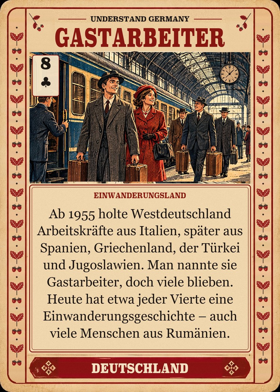 GASTARBEITER — Einwanderungsland. Ab 1955 holte Westdeutschland Arbeitskräfte aus Italien, später aus Spanien, Griechenland, der Türkei und Jugoslawien. Man nannte sie Gastarbeiter, doch viele blieben. Heute hat etwa jeder Vierte eine Einwanderungsgeschichte – auch viele Menschen aus Rumänien.