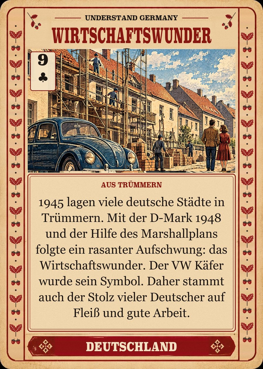WIRTSCHAFTSWUNDER — aus Trümmern. 1945 lagen viele deutsche Städte in Trümmern. Mit der D-Mark 1948 und der Hilfe des Marshallplans folgte ein rasanter Aufschwung: das Wirtschaftswunder. Der VW Käfer wurde sein Symbol. Daher stammt auch der Stolz vieler Deutscher auf Fleiß und gute Arbeit.