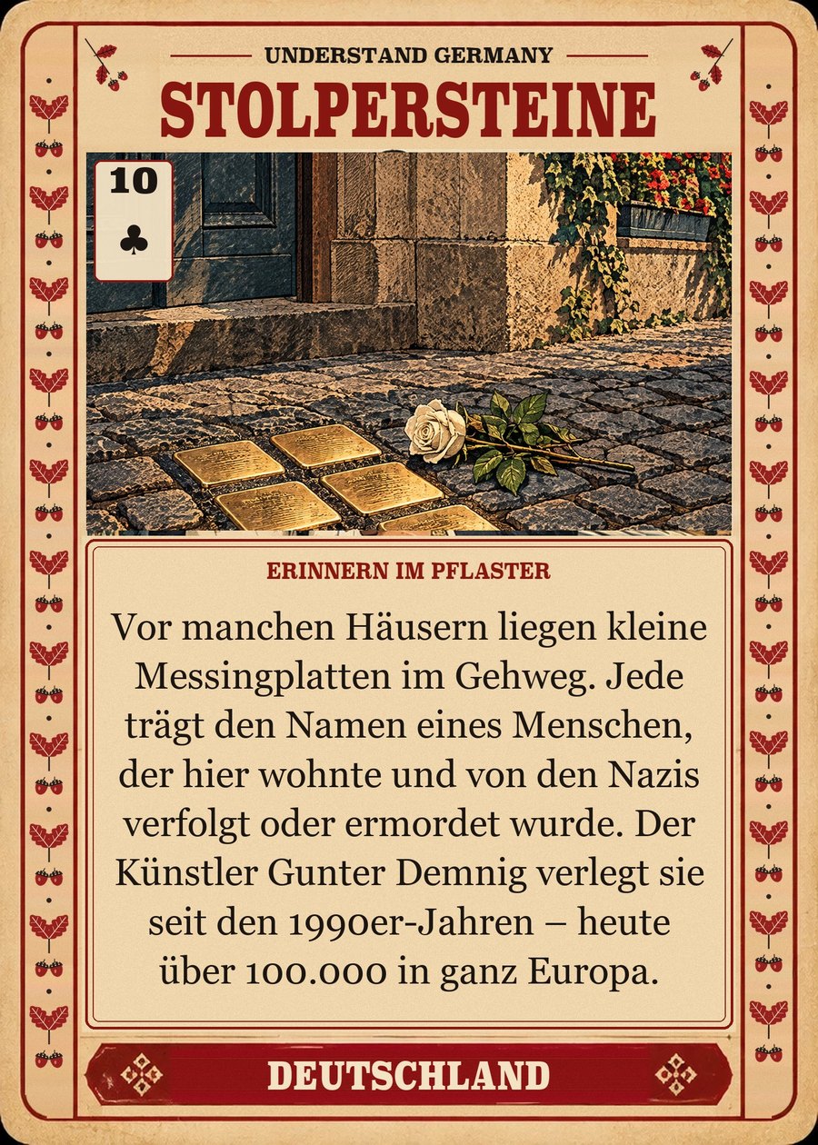 STOLPERSTEINE — Erinnern im Pflaster. Vor manchen Häusern liegen kleine Messingplatten im Gehweg. Jede trägt den Namen eines Menschen, der hier wohnte und von den Nazis verfolgt oder ermordet wurde. Der Künstler Gunter Demnig verlegt sie seit den 1990er-Jahren – heute über 100.000 in ganz Europa.