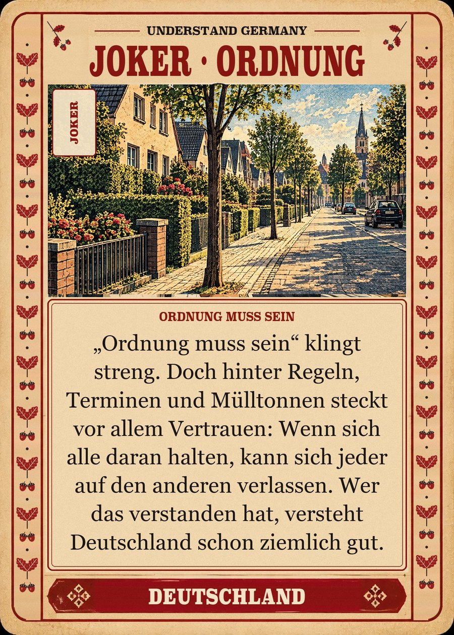 JOKER · ORDNUNG — Ordnung muss sein. „Ordnung muss sein“ klingt streng. Doch hinter Regeln, Terminen und Mülltonnen steckt vor allem Vertrauen: Wenn sich alle daran halten, kann sich jeder auf den anderen verlassen. Wer das verstanden hat, versteht Deutschland schon ziemlich gut.