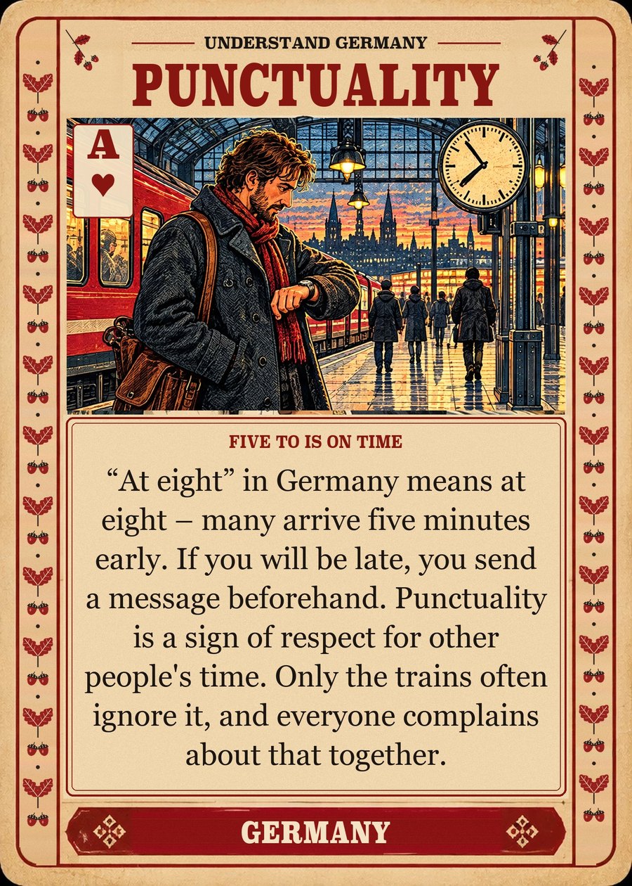 PUNCTUALITY — five to is on time. “At eight” in Germany means at eight – many arrive five minutes early. If you will be late, you send a message beforehand. Punctuality is a sign of respect for other people's time. Only the trains often ignore it, and everyone complains about that together.