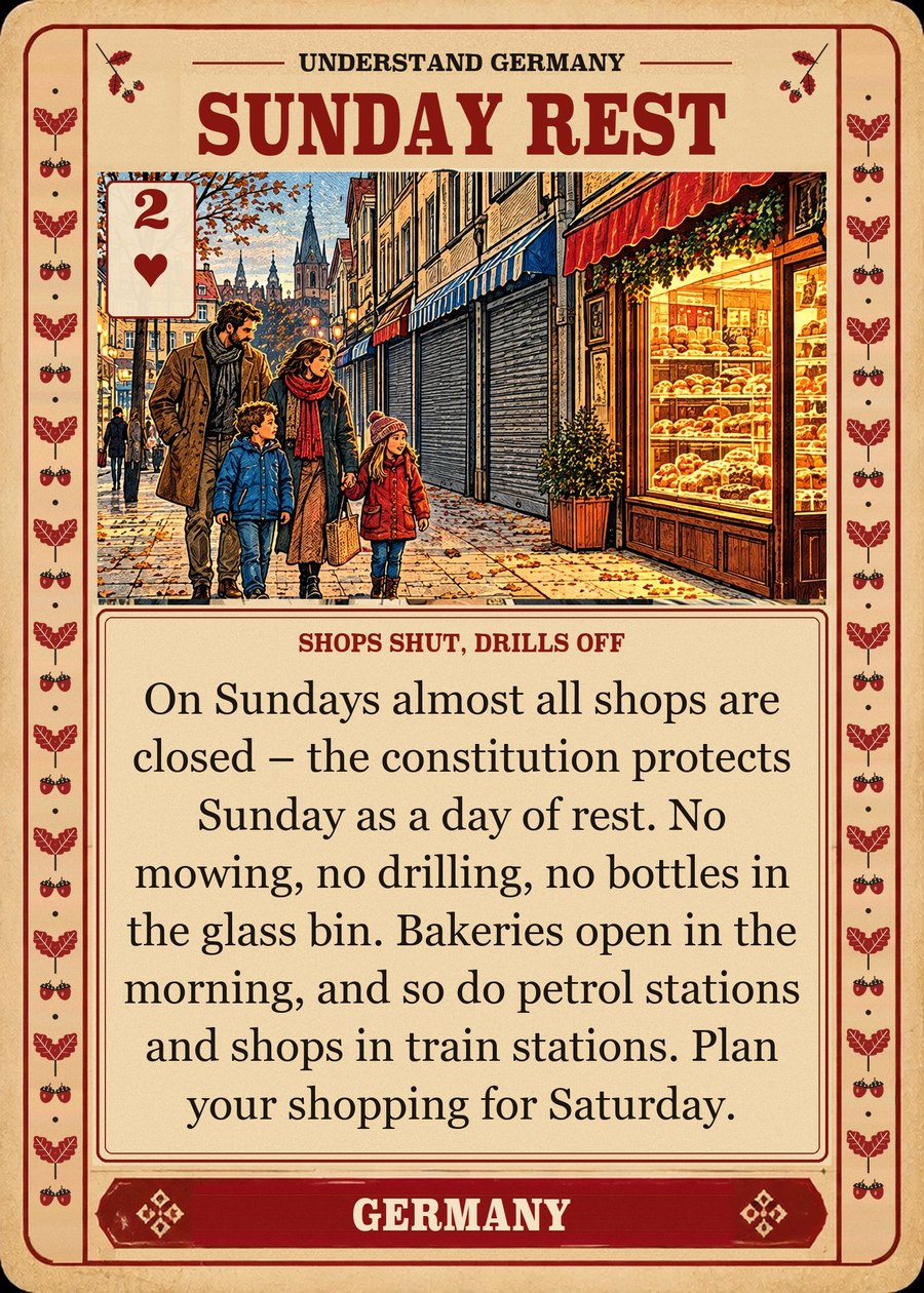 SUNDAY REST — shops shut, drills off. On Sundays almost all shops are closed – the constitution protects Sunday as a day of rest. No mowing, no drilling, no bottles in the glass bin. Bakeries open in the morning, and so do petrol stations and shops in train stations. Plan your shopping for Saturday.