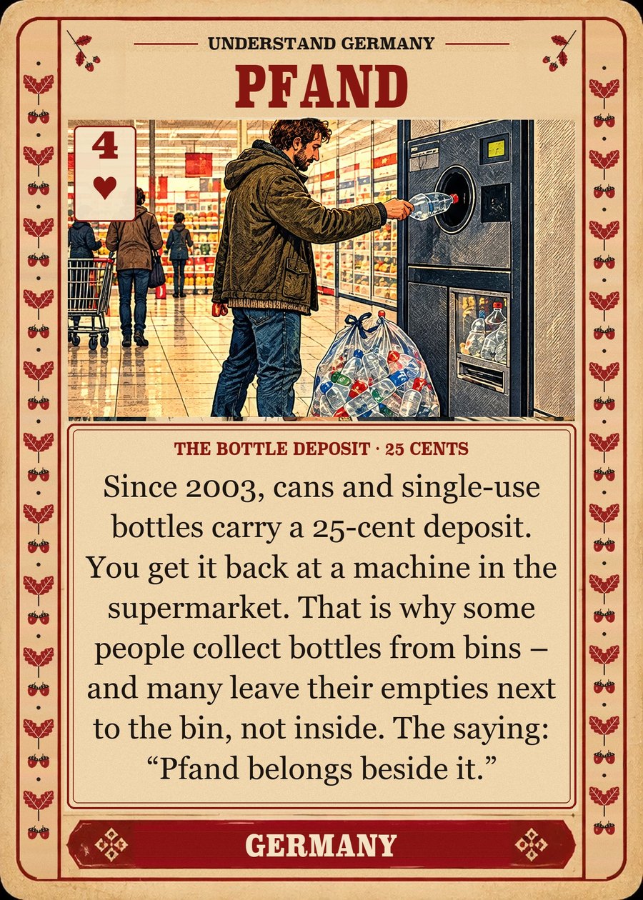 PFAND — the bottle deposit · 25 cents. Since 2003, cans and single-use bottles carry a 25-cent deposit. You get it back at a machine in the supermarket. That is why some people collect bottles from bins – and many leave their empties next to the bin, not inside. The saying: “Pfand belongs beside it.”