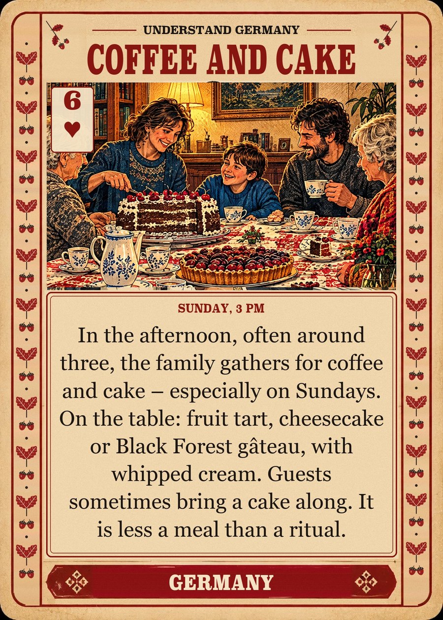 COFFEE AND CAKE — Sunday, 3 pm. In the afternoon, often around three, the family gathers for coffee and cake – especially on Sundays. On the table: fruit tart, cheesecake or Black Forest gâteau, with whipped cream. Guests sometimes bring a cake along. It is less a meal than a ritual.