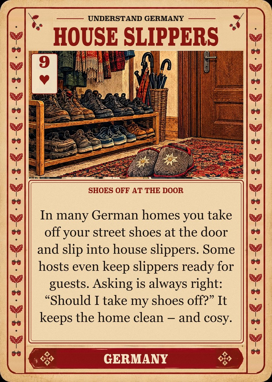 HOUSE SLIPPERS — shoes off at the door. In many German homes you take off your street shoes at the door and slip into house slippers. Some hosts even keep slippers ready for guests. Asking is always right: “Should I take my shoes off?” It keeps the home clean – and cosy.