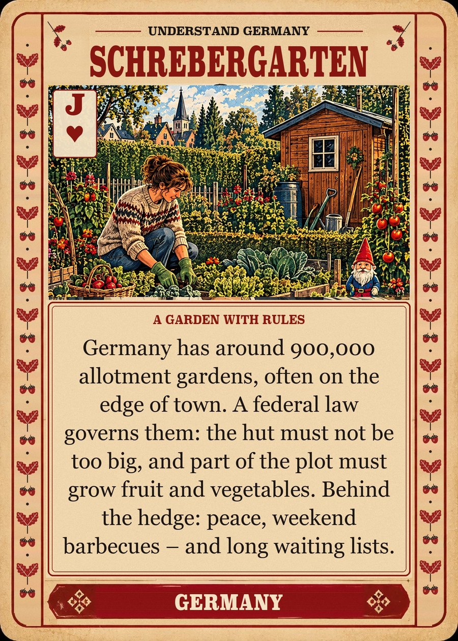 SCHREBERGARTEN — a garden with rules. Germany has around 900,000 allotment gardens, often on the edge of town. A federal law governs them: the hut must not be too big, and part of the plot must grow fruit and vegetables. Behind the hedge: peace, weekend barbecues – and long waiting lists.