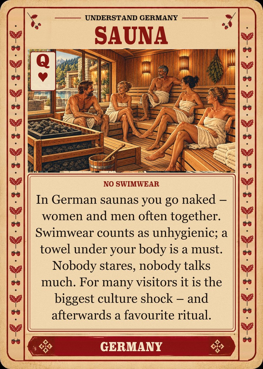 SAUNA — no swimwear. In German saunas you go naked – women and men often together. Swimwear counts as unhygienic; a towel under your body is a must. Nobody stares, nobody talks much. For many visitors it is the biggest culture shock – and afterwards a favourite ritual.