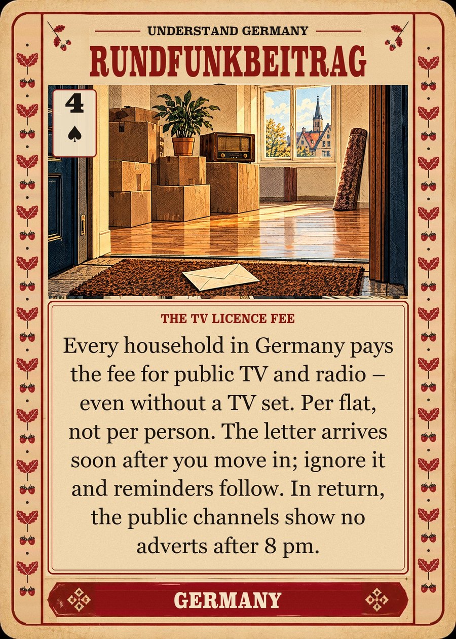 RUNDFUNKBEITRAG — the TV licence fee. Every household in Germany pays the fee for public TV and radio – even without a TV set. Per flat, not per person. The letter arrives soon after you move in; ignore it and reminders follow. In return, the public channels show no adverts after 8 pm.