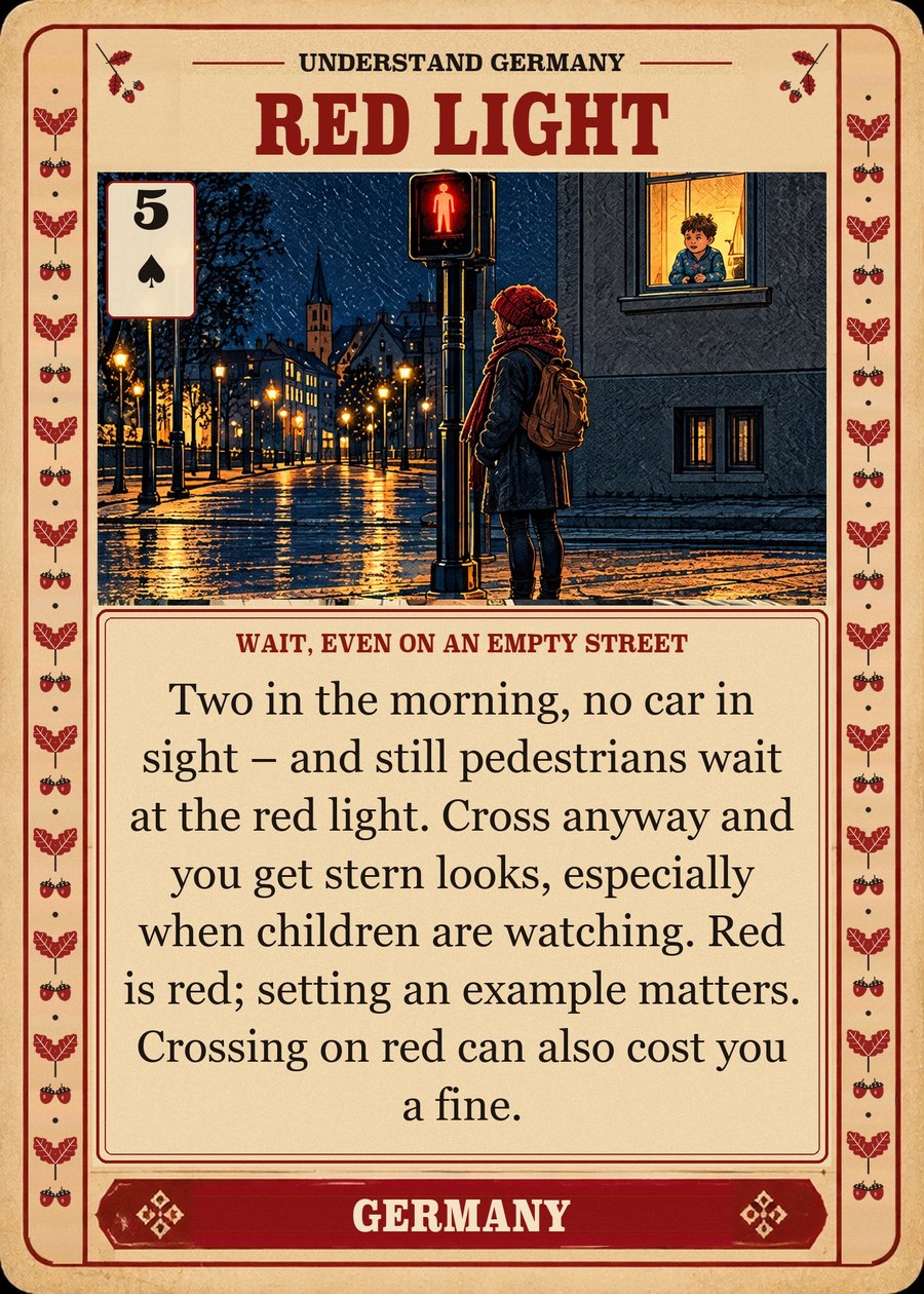 RED LIGHT — wait, even on an empty street. Two in the morning, no car in sight – and still pedestrians wait at the red light. Cross anyway and you get stern looks, especially when children are watching. Red is red; setting an example matters. Crossing on red can also cost you a fine.