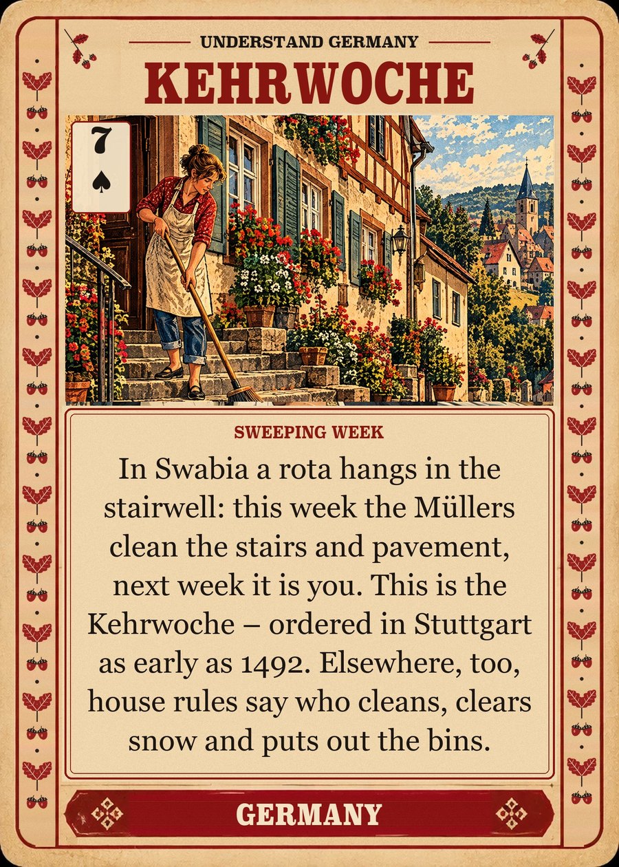 KEHRWOCHE — sweeping week. In Swabia a rota hangs in the stairwell: this week the Müllers clean the stairs and pavement, next week it is you. This is the Kehrwoche – ordered in Stuttgart as early as 1492. Elsewhere, too, house rules say who cleans, clears snow and puts out the bins.