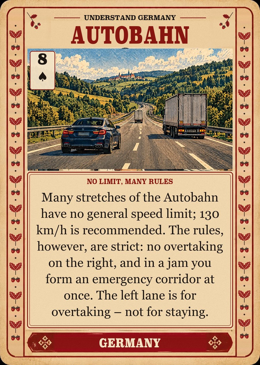 AUTOBAHN — no limit, many rules. Many stretches of the Autobahn have no general speed limit; 130 km/h is recommended. The rules, however, are strict: no overtaking on the right, and in a jam you form an emergency corridor at once. The left lane is for overtaking – not for staying.