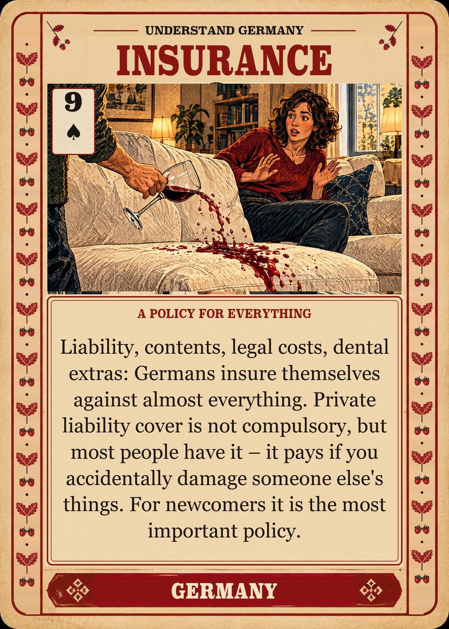 INSURANCE — a policy for everything. Liability, contents, legal costs, dental extras: Germans insure themselves against almost everything. Private liability cover is not compulsory, but most people have it – it pays if you accidentally damage someone else's things. For newcomers it is the most important policy.