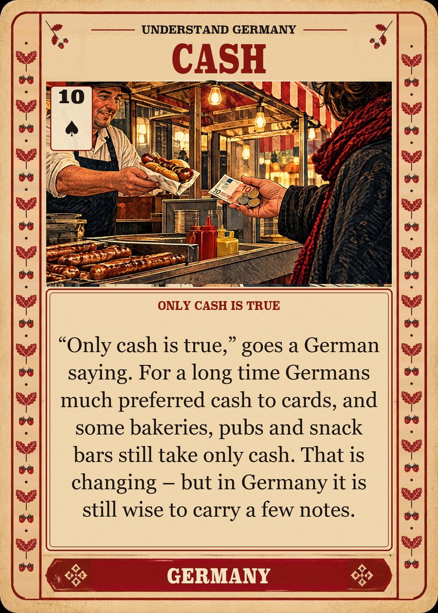 CASH — only cash is true. “Only cash is true,” goes a German saying. For a long time Germans much preferred cash to cards, and some bakeries, pubs and snack bars still take only cash. That is changing – but in Germany it is still wise to carry a few notes.
