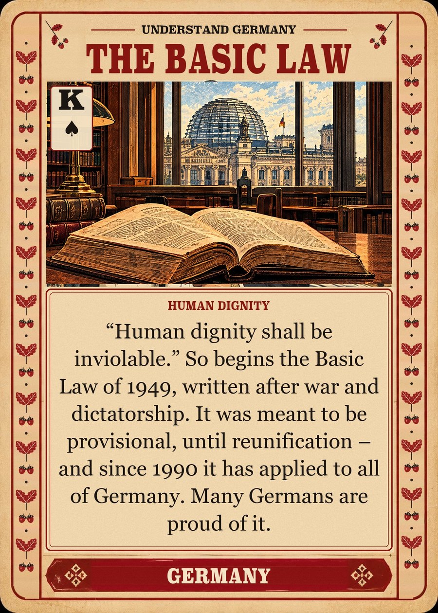 THE BASIC LAW — human dignity. “Human dignity shall be inviolable.” So begins the Basic Law of 1949, written after war and dictatorship. It was meant to be provisional, until reunification – and since 1990 it has applied to all of Germany. Many Germans are proud of it.