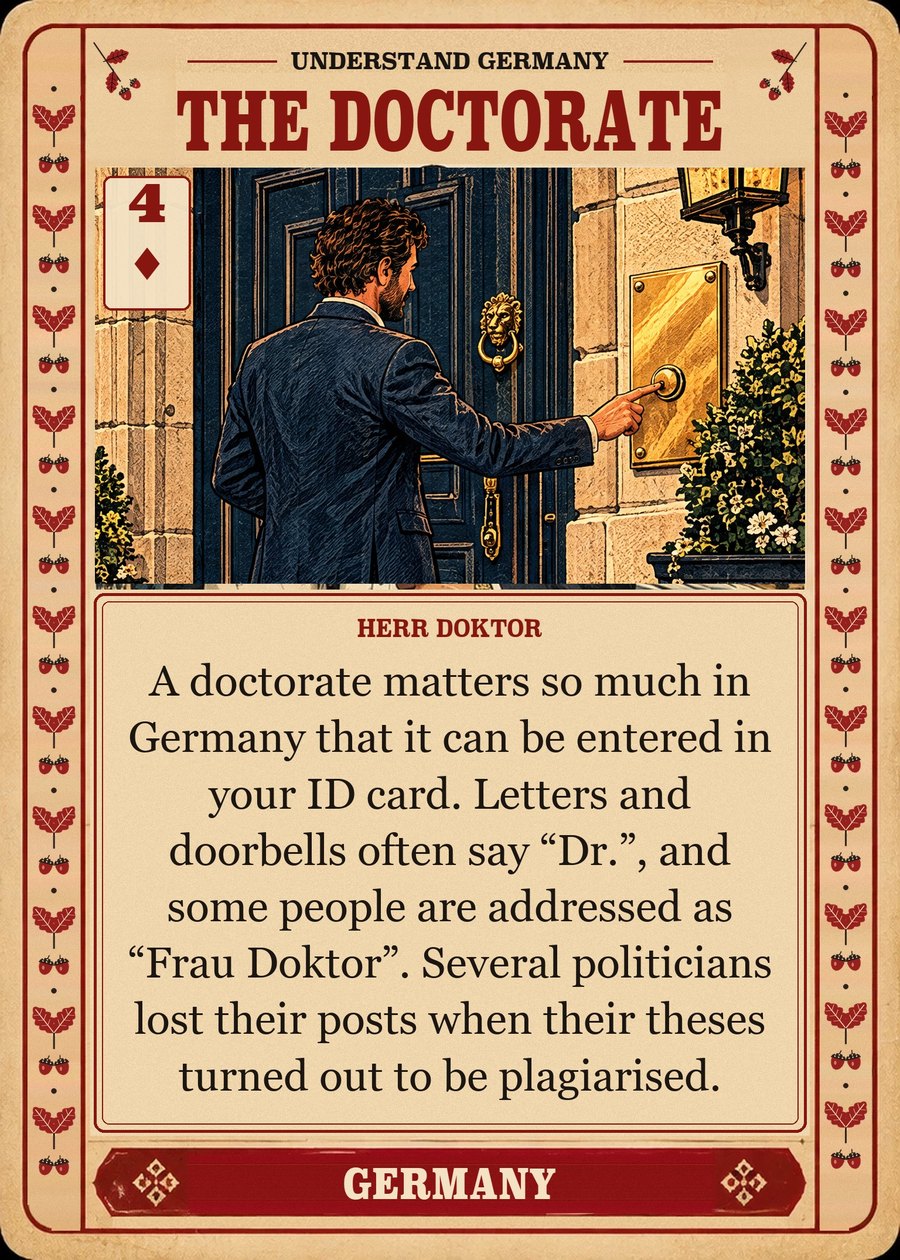 THE DOCTORATE — Herr Doktor. A doctorate matters so much in Germany that it can be entered in your ID card. Letters and doorbells often say “Dr.”, and some people are addressed as “Frau Doktor”. Several politicians lost their posts when their theses turned out to be plagiarised.