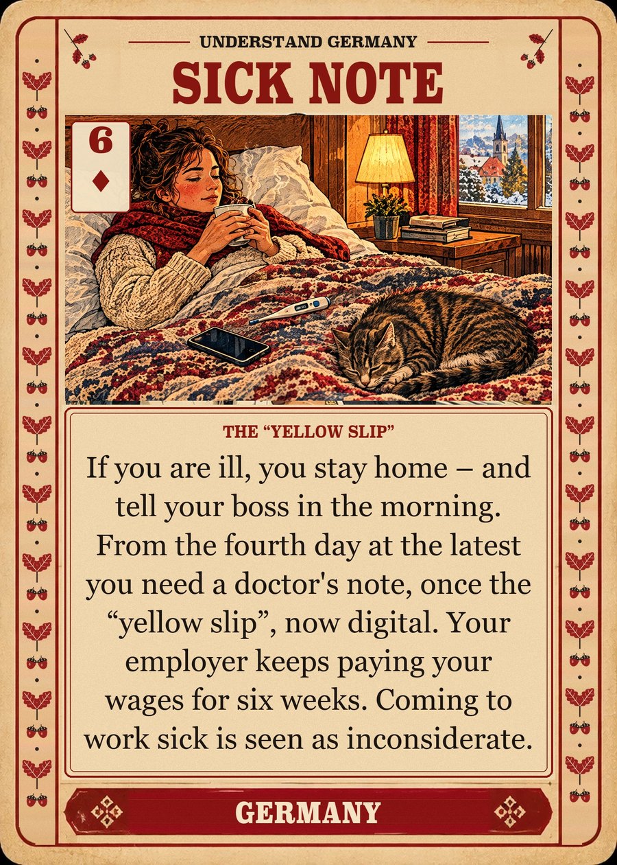 SICK NOTE — the “yellow slip”. If you are ill, you stay home – and tell your boss in the morning. From the fourth day at the latest you need a doctor's note, once the “yellow slip”, now digital. Your employer keeps paying your wages for six weeks. Coming to work sick is seen as inconsiderate.