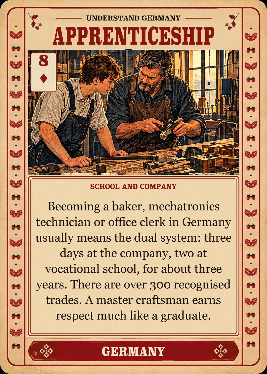APPRENTICESHIP — school and company. Becoming a baker, mechatronics technician or office clerk in Germany usually means the dual system: three days at the company, two at vocational school, for about three years. There are over 300 recognised trades. A master craftsman earns respect much like a graduate.