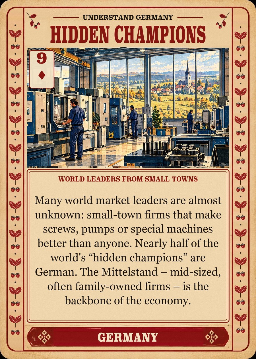 HIDDEN CHAMPIONS — world leaders from small towns. Many world market leaders are almost unknown: small-town firms that make screws, pumps or special machines better than anyone. Nearly half of the world's “hidden champions” are German. The Mittelstand – mid-sized, often family-owned firms – is the backbone of the economy.