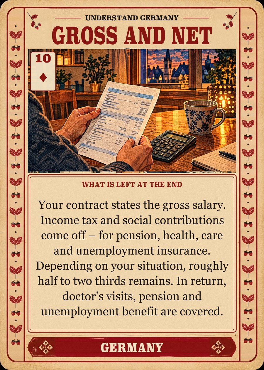 GROSS AND NET — what is left at the end. Your contract states the gross salary. Income tax and social contributions come off – for pension, health, care and unemployment insurance. Depending on your situation, roughly half to two thirds remains. In return, doctor's visits, pension and unemployment benefit are covered.