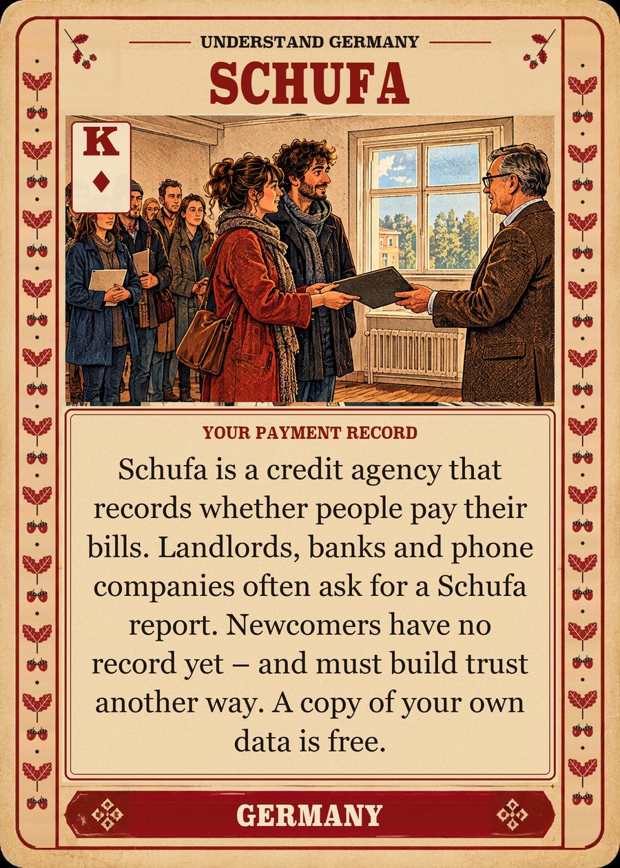 SCHUFA — your payment record. Schufa is a credit agency that records whether people pay their bills. Landlords, banks and phone companies often ask for a Schufa report. Newcomers have no record yet – and must build trust another way. A copy of your own data is free.