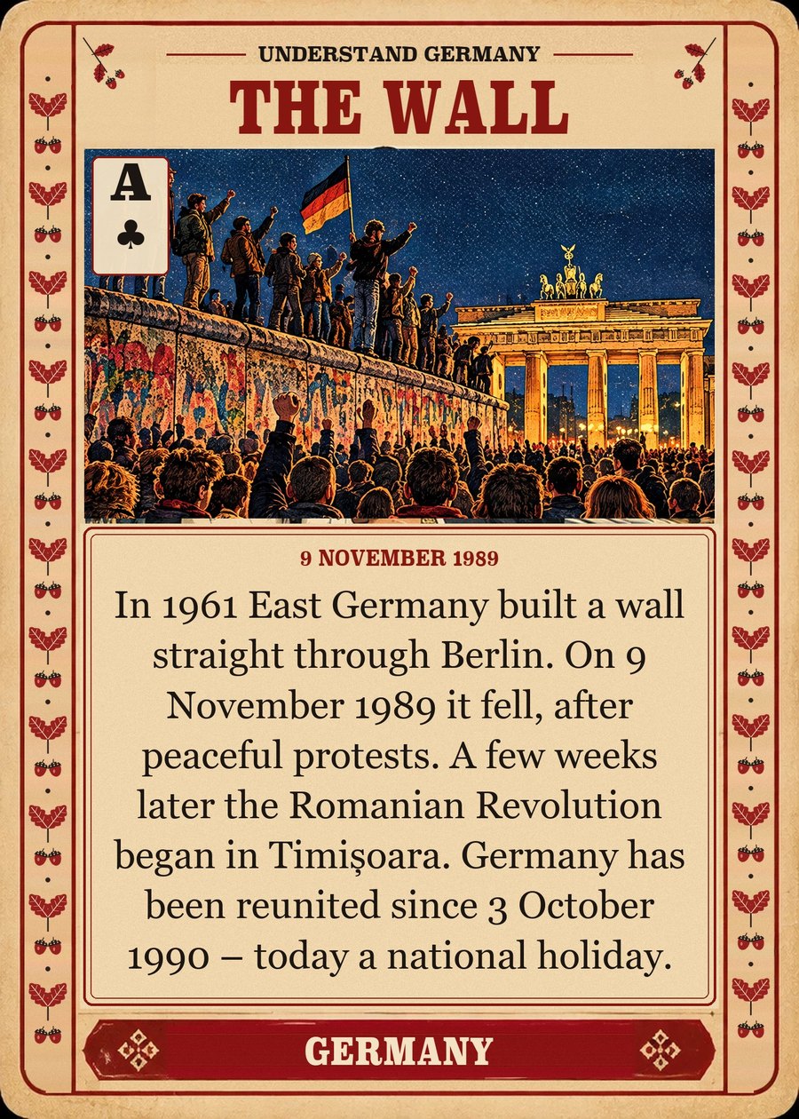 THE WALL — 9 November 1989. In 1961 East Germany built a wall straight through Berlin. On 9 November 1989 it fell, after peaceful protests. A few weeks later the Romanian Revolution began in Timișoara. Germany has been reunited since 3 October 1990 – today a national holiday.