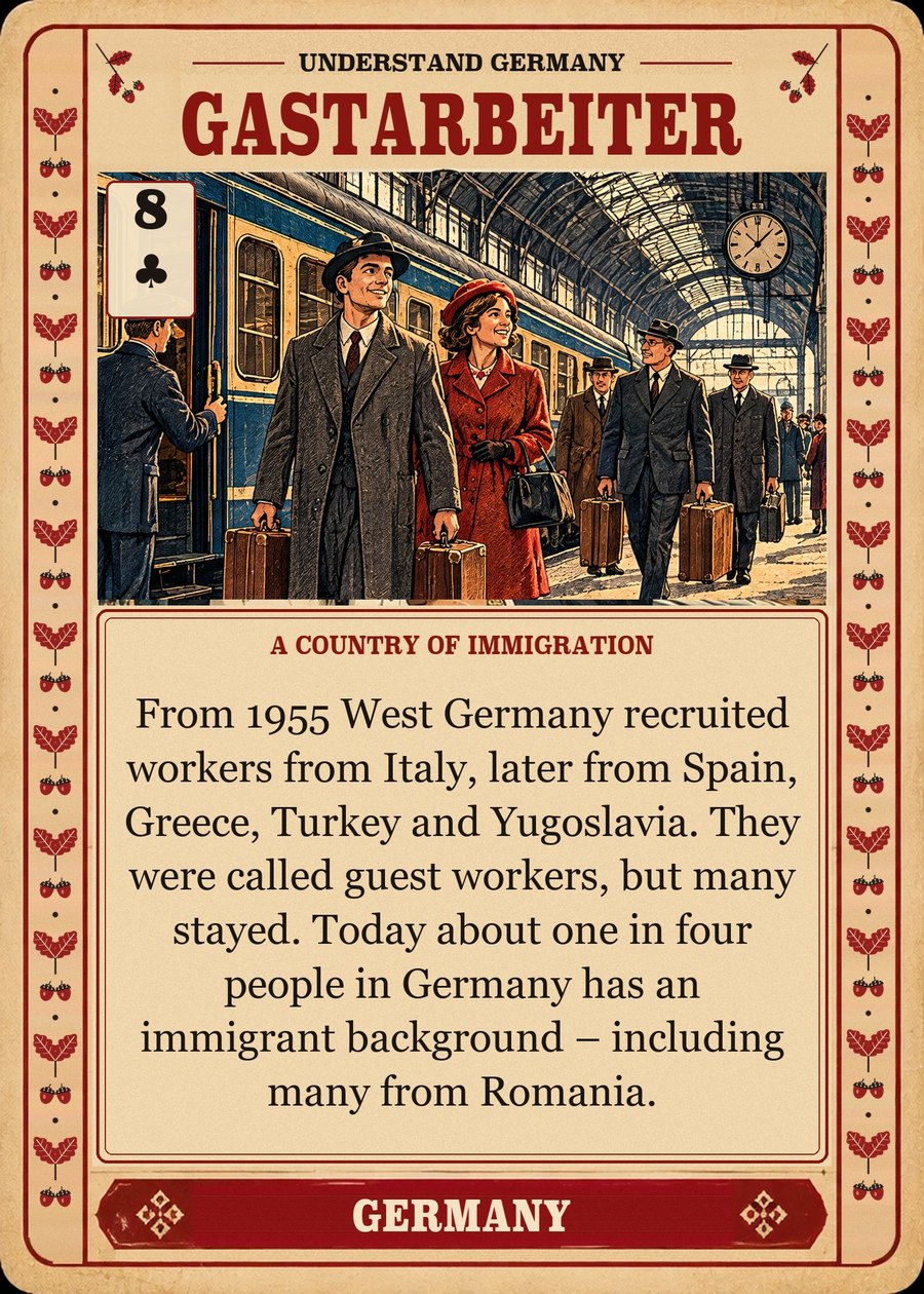 GASTARBEITER — a country of immigration. From 1955 West Germany recruited workers from Italy, later from Spain, Greece, Turkey and Yugoslavia. They were called guest workers, but many stayed. Today about one in four people in Germany has an immigrant background – including many from Romania.