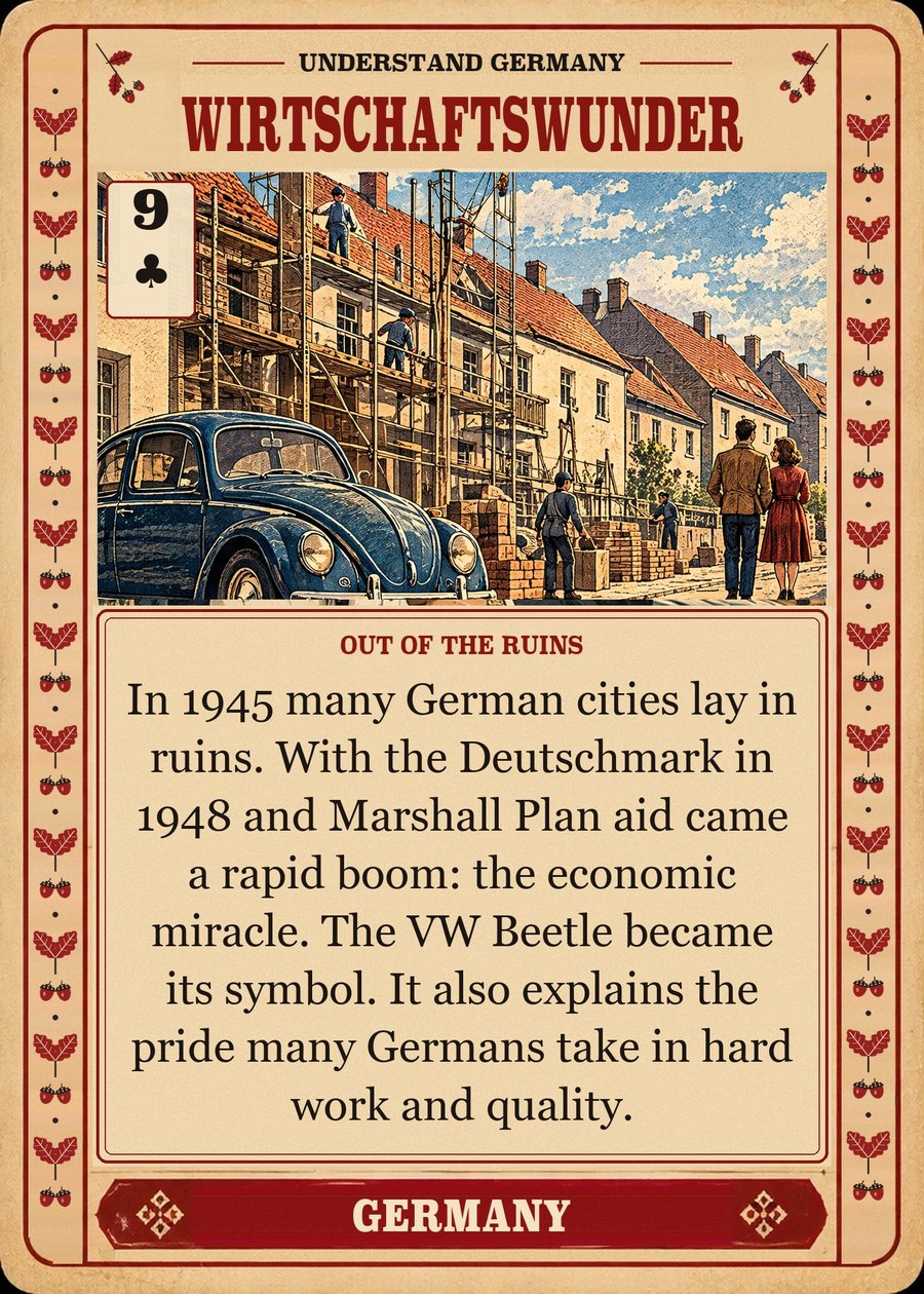 WIRTSCHAFTSWUNDER — out of the ruins. In 1945 many German cities lay in ruins. With the Deutschmark in 1948 and Marshall Plan aid came a rapid boom: the economic miracle. The VW Beetle became its symbol. It also explains the pride many Germans take in hard work and quality.