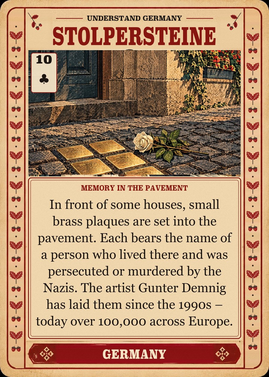 STOLPERSTEINE — memory in the pavement. In front of some houses, small brass plaques are set into the pavement. Each bears the name of a person who lived there and was persecuted or murdered by the Nazis. The artist Gunter Demnig has laid them since the 1990s – today over 100,000 across Europe.