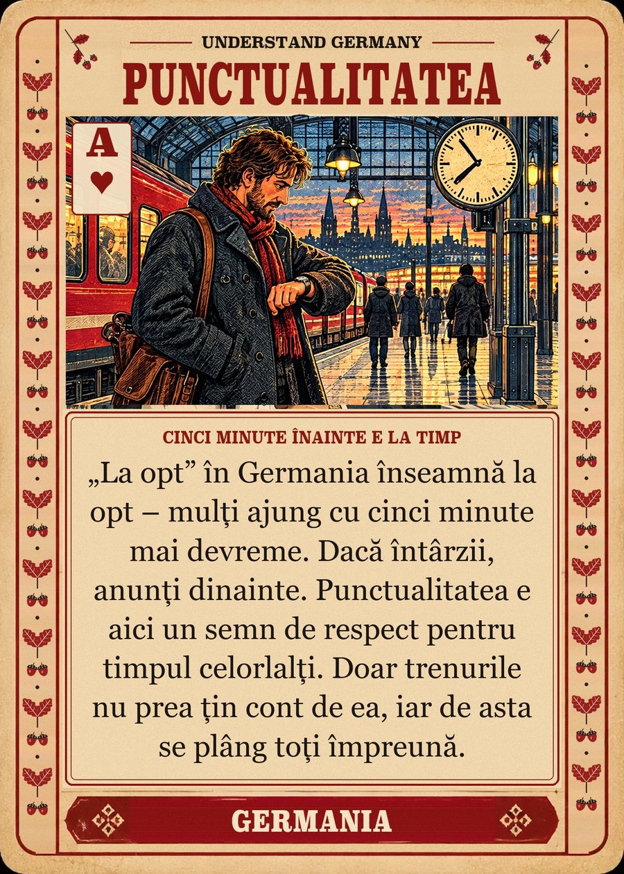 PUNCTUALITATEA — cinci minute înainte e la timp. „La opt” în Germania înseamnă la opt – mulți ajung cu cinci minute mai devreme. Dacă întârzii, anunți dinainte. Punctualitatea e aici un semn de respect pentru timpul celorlalți. Doar trenurile nu prea țin cont de ea, iar de asta se plâng toți împreună.