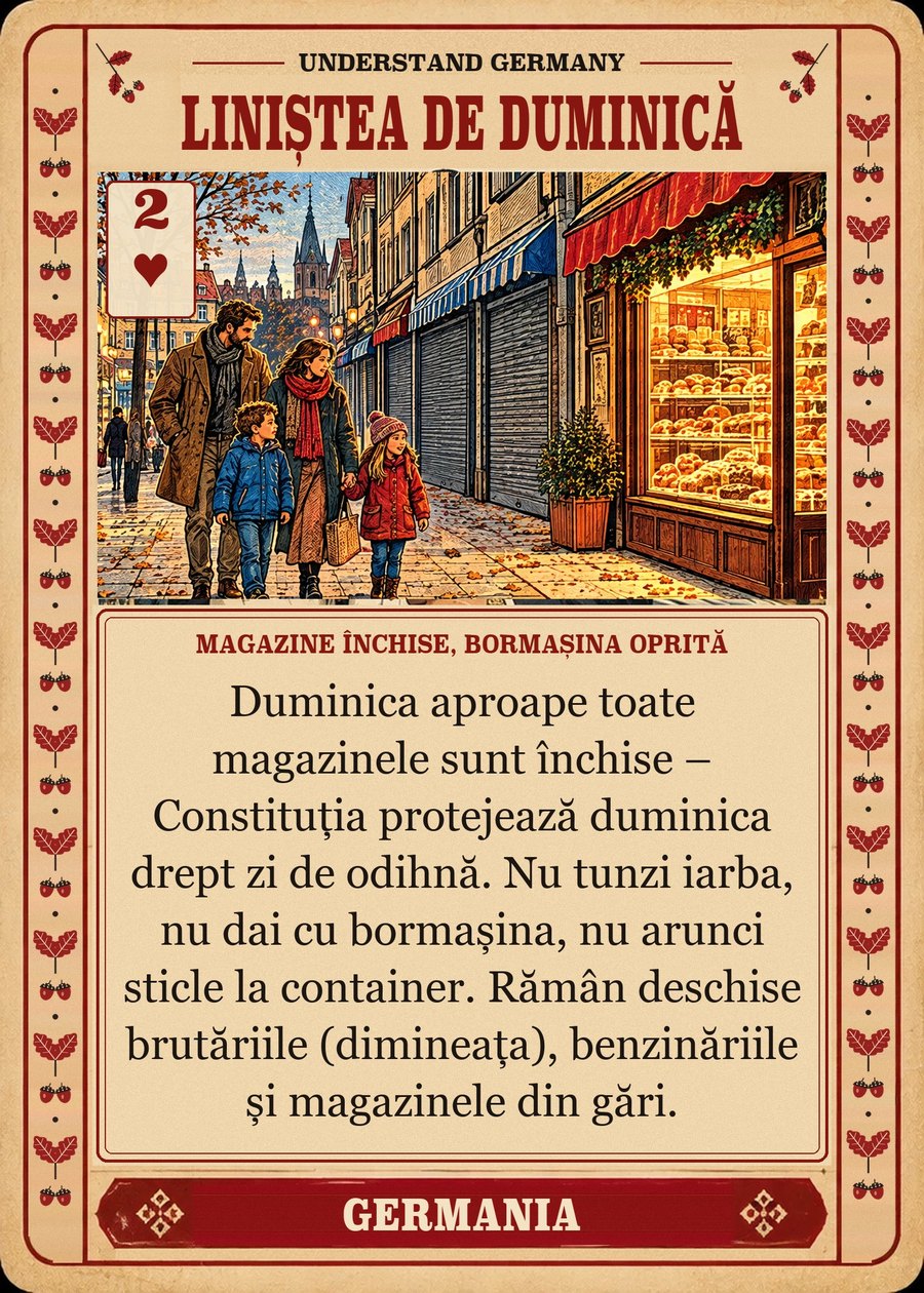 LINIȘTEA DE DUMINICĂ — magazine închise, bormașina oprită. Duminica aproape toate magazinele sunt închise – Constituția protejează duminica drept zi de odihnă. Nu tunzi iarba, nu dai cu bormașina, nu arunci sticle la container. Rămân deschise brutăriile (dimineața), benzinăriile și magazinele din gări.